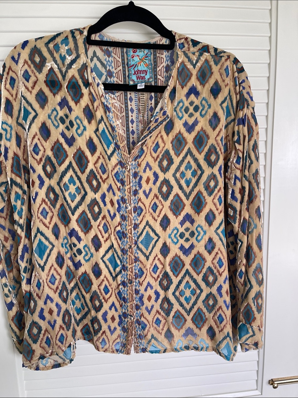 Johnny Was Beige Teal & Brown Ikat Button-Front Blouse